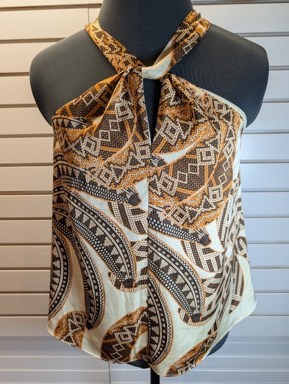 Rachel Zoe Brown and Cream Satin Print Twist Keyhole Neck Tank Top Small NWT!